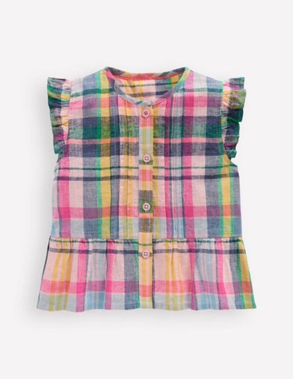 Mini Boden Girls Flutter Button-Through Top 2-3Y Rainbow Check Plaid Peplum